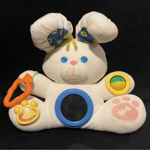 Vtg Fisher Price Discovery Bunny Rabbit Plush Toy Rattle Squeak Spin Mirror 1989